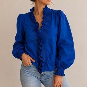 Love The Label Ruffle Smocked Blouse Medium Blue Puff Sleeve Victorian Romantic